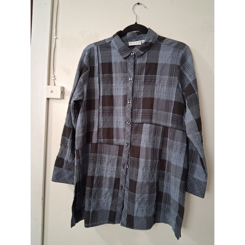 Habitat Womens‎ Blue Black Plaid Textured Button Down Tunic Blouse M